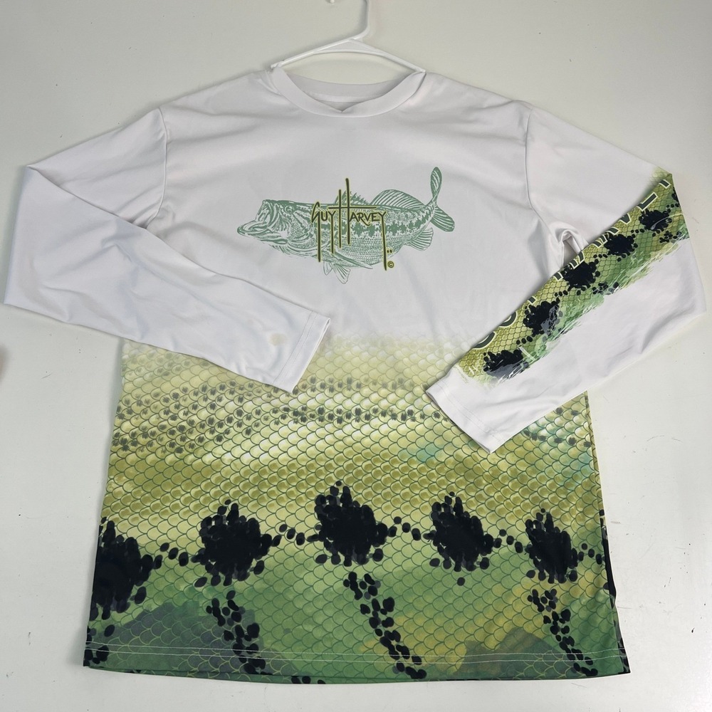 Guy Harvey Mens Small White Bass Fishing Performance Long Sleeve Shirt Graphic